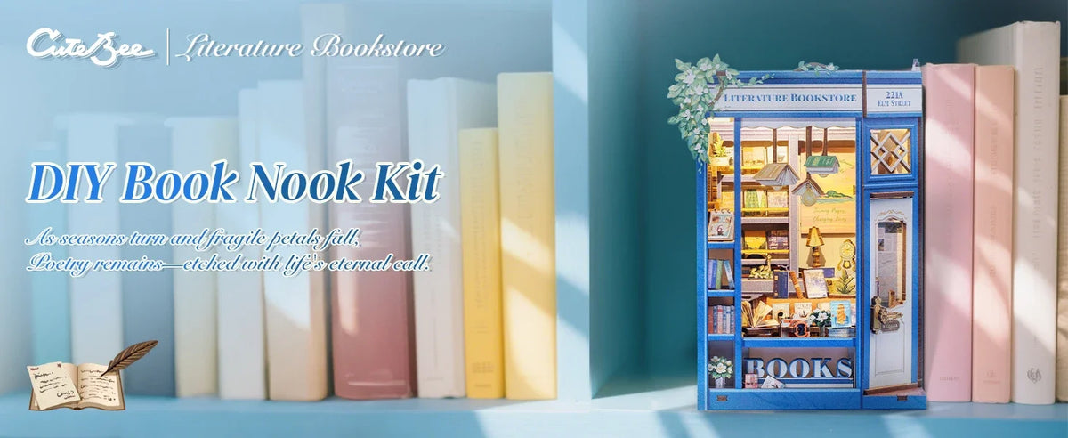 Cutebee 3D Bookstore Desk DIY Book Nook Kit — detalied side view