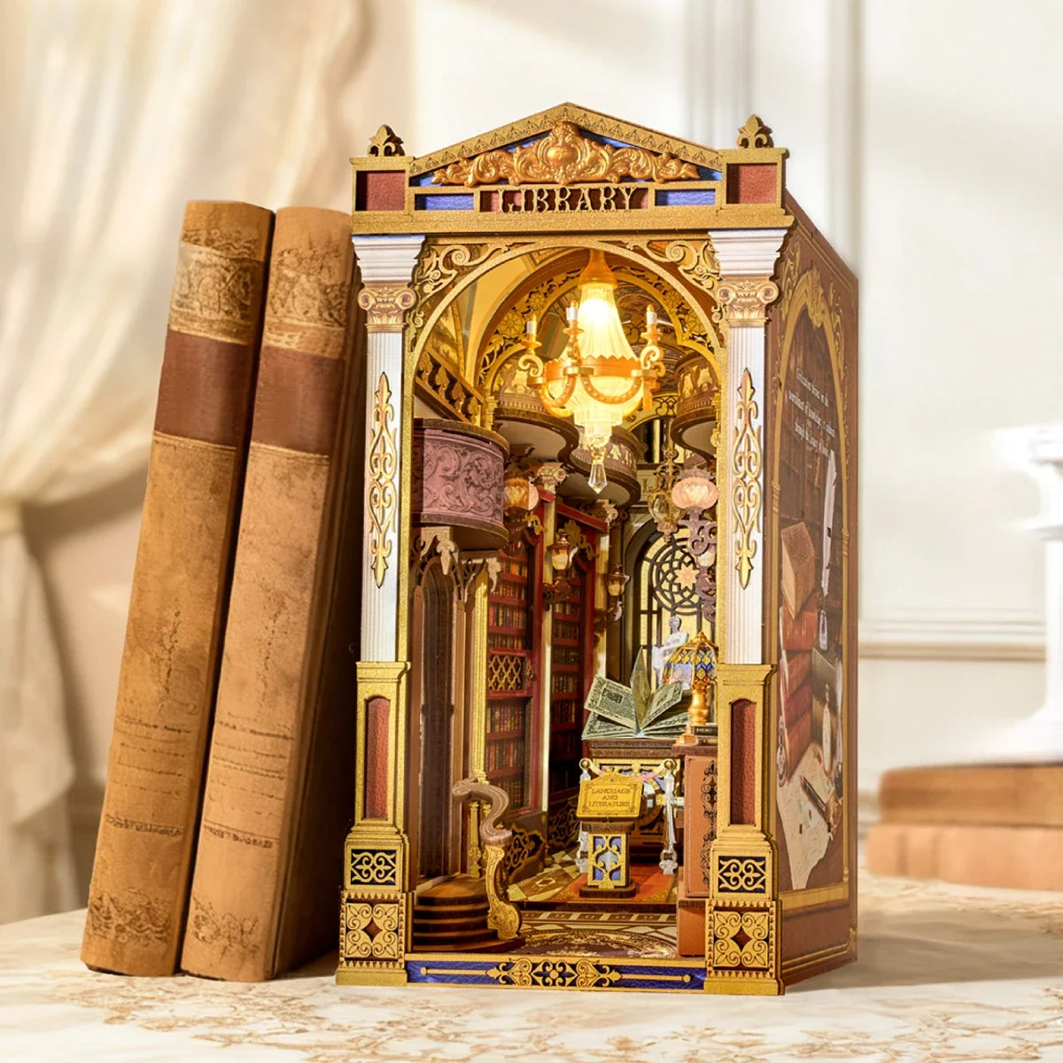 Rolife Library of Wonders DIY Book Nook Kit — open display view