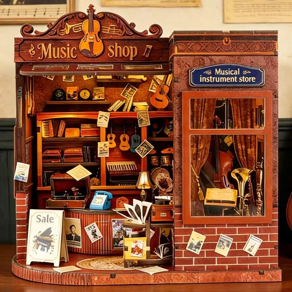 Vintage Musical Instrument Store DIY Book Nook Kit — detalied side view