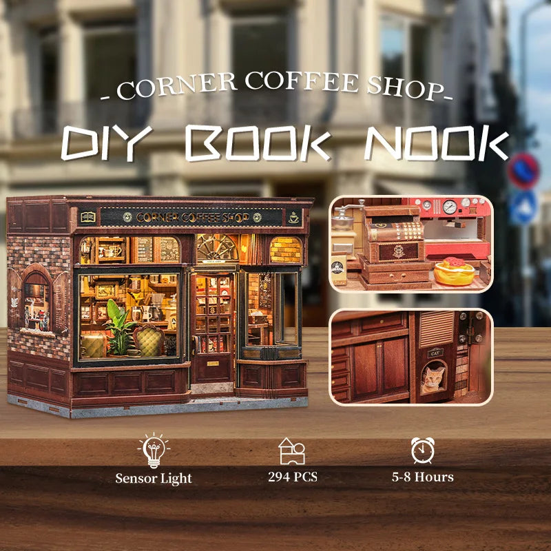 Corner Coffee Shop DIY Book Nook Kit — detalied side view