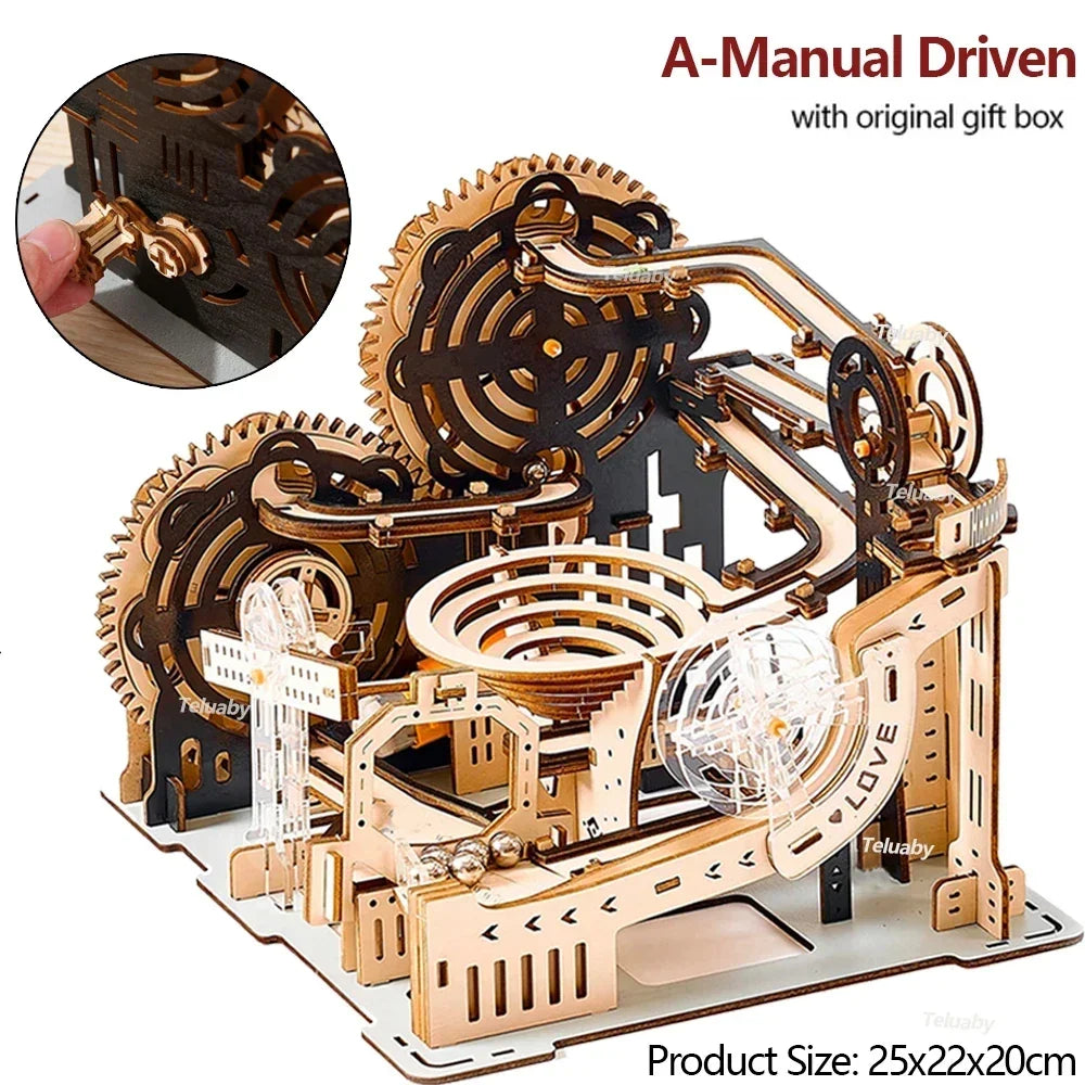 Spiral Gear Marble Run 3D Wooden Puzzle — box and pieces