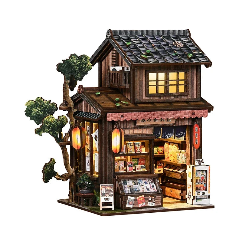 Kasuga Grocery Store DIY Miniature House Kit with LED Lights — box and pieces