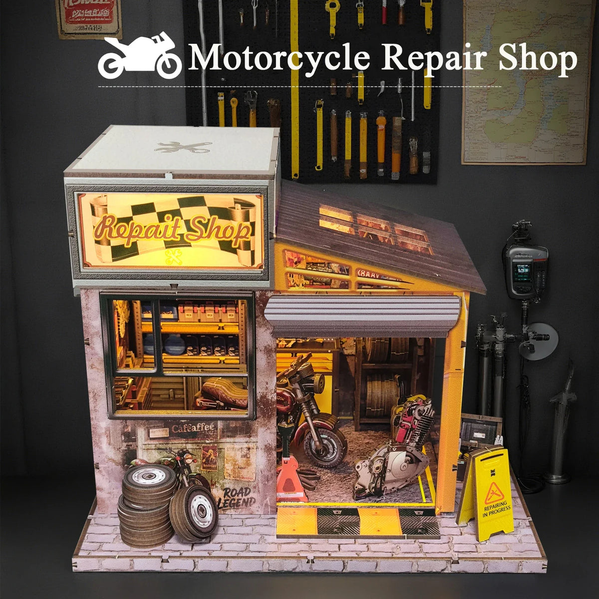 Motorcycle Repair Shop DIY Miniature House Kit — angled close-up