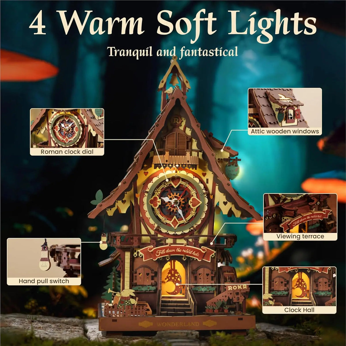 Robotime Rokr Black Forest Cuckoo Clock Kit – Working Bird & LED — detalied side view