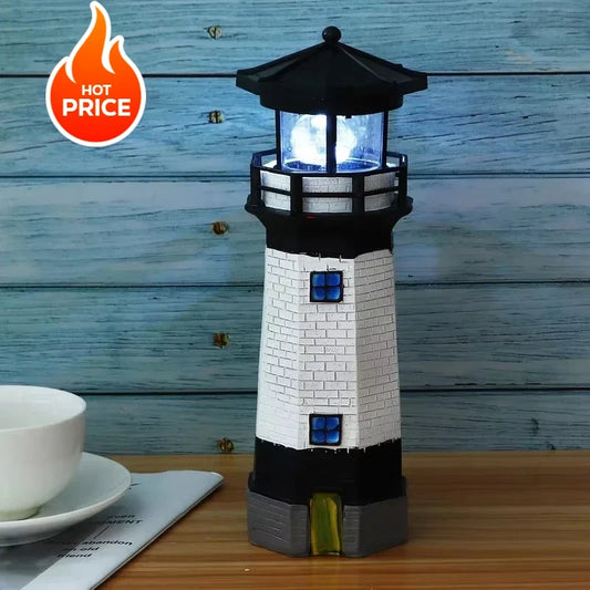 Solar Rotating Lighthouse Resin Garden Sculpture — detalied side view