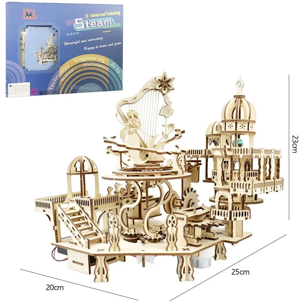 Mystery Island Music Box 3D Wooden Puzzle Kit with Light — box and pieces