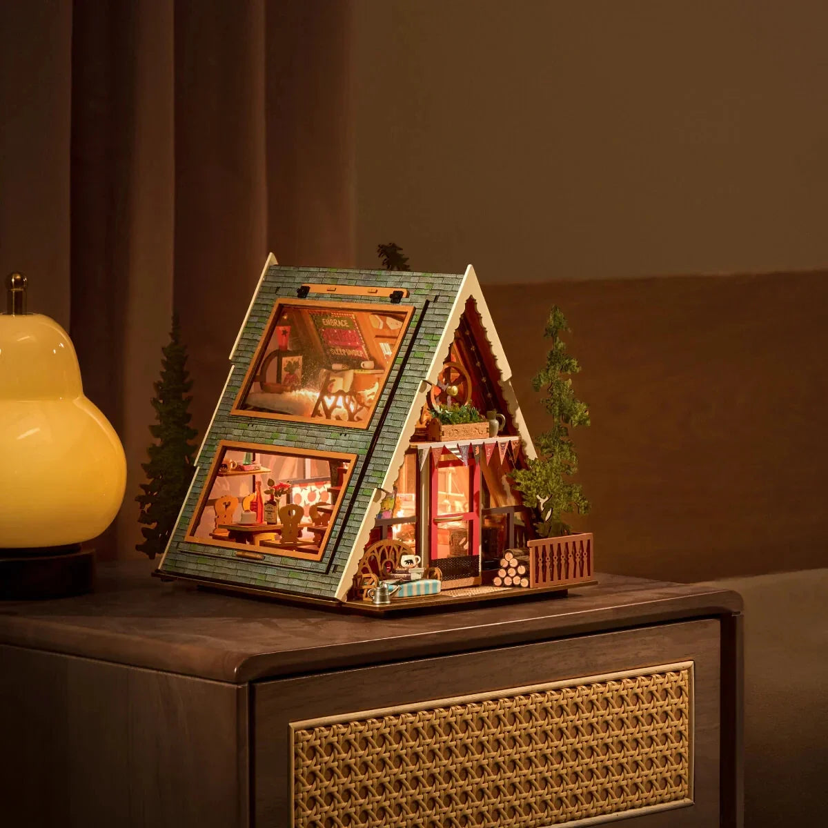 Rolife A-Frame Cabin DIY Miniature House Kit — open display view