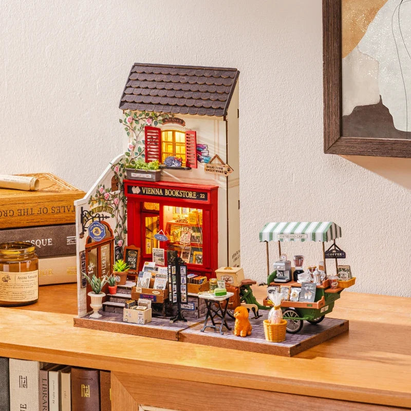 Rolife Vienna Bookstore DIY Miniature House Kit — box and pieces