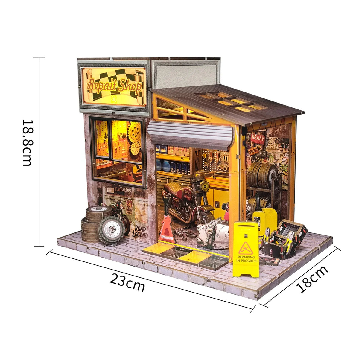 Motorcycle Repair Shop DIY Miniature House Kit — scene view