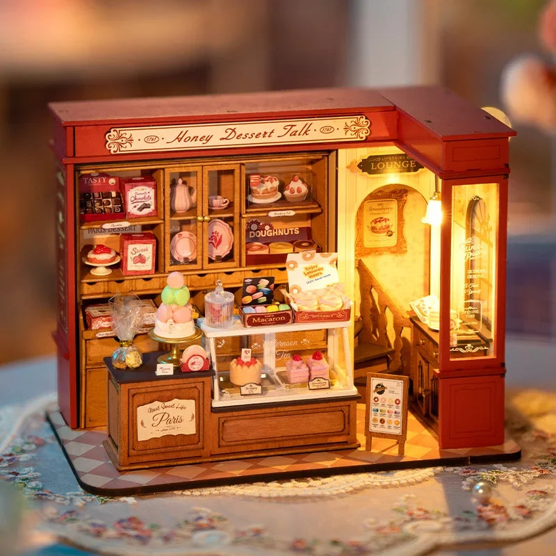 Rolife Honey Dessert Talk DIY Miniature House Kit — open display view