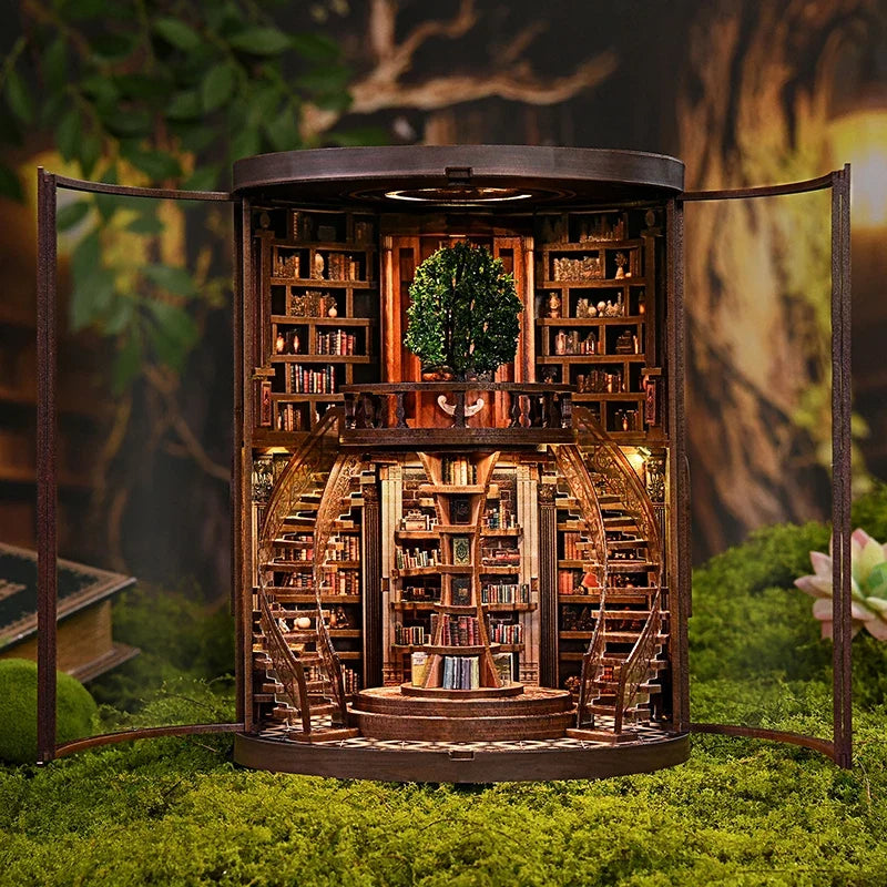 New Figurines Miniatures Wisdom Rings DIY Book Nook Kit — open display view