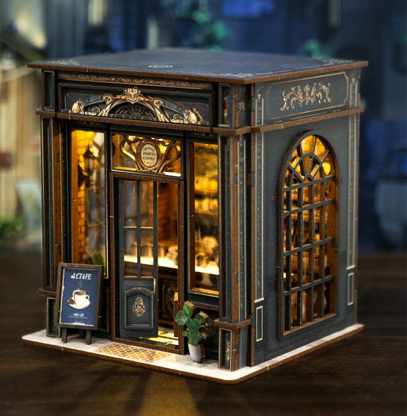 Coffee Shop DIY Miniature House Kit — open display view