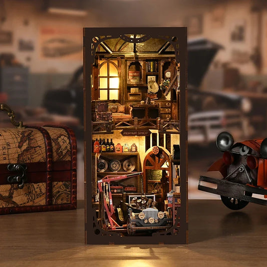 Craftsmanship Repair Shop DIY Book Nook Kit — detalied side view