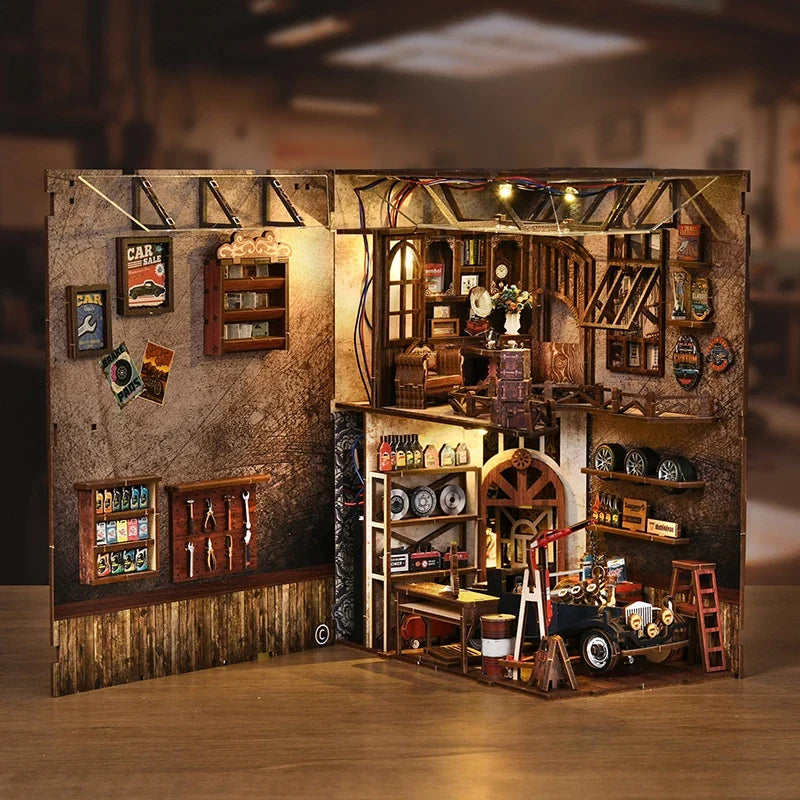 Craftsmanship Repair Shop DIY Book Nook Kit — angled close-up