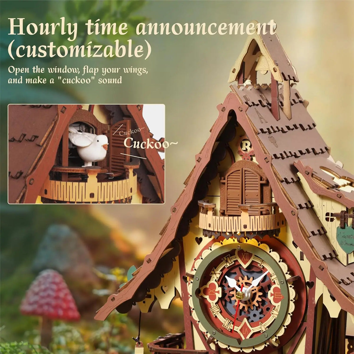 Robotime Rokr Black Forest Cuckoo Clock Kit – Working Bird & LED — open display view