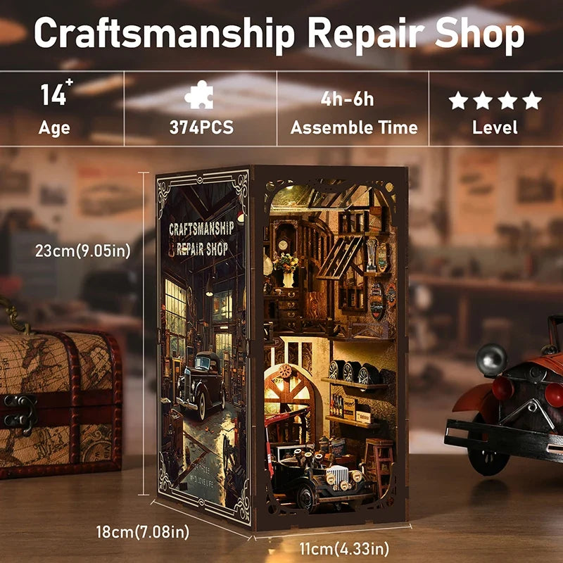 Craftsmanship Repair Shop DIY Book Nook Kit — scene view