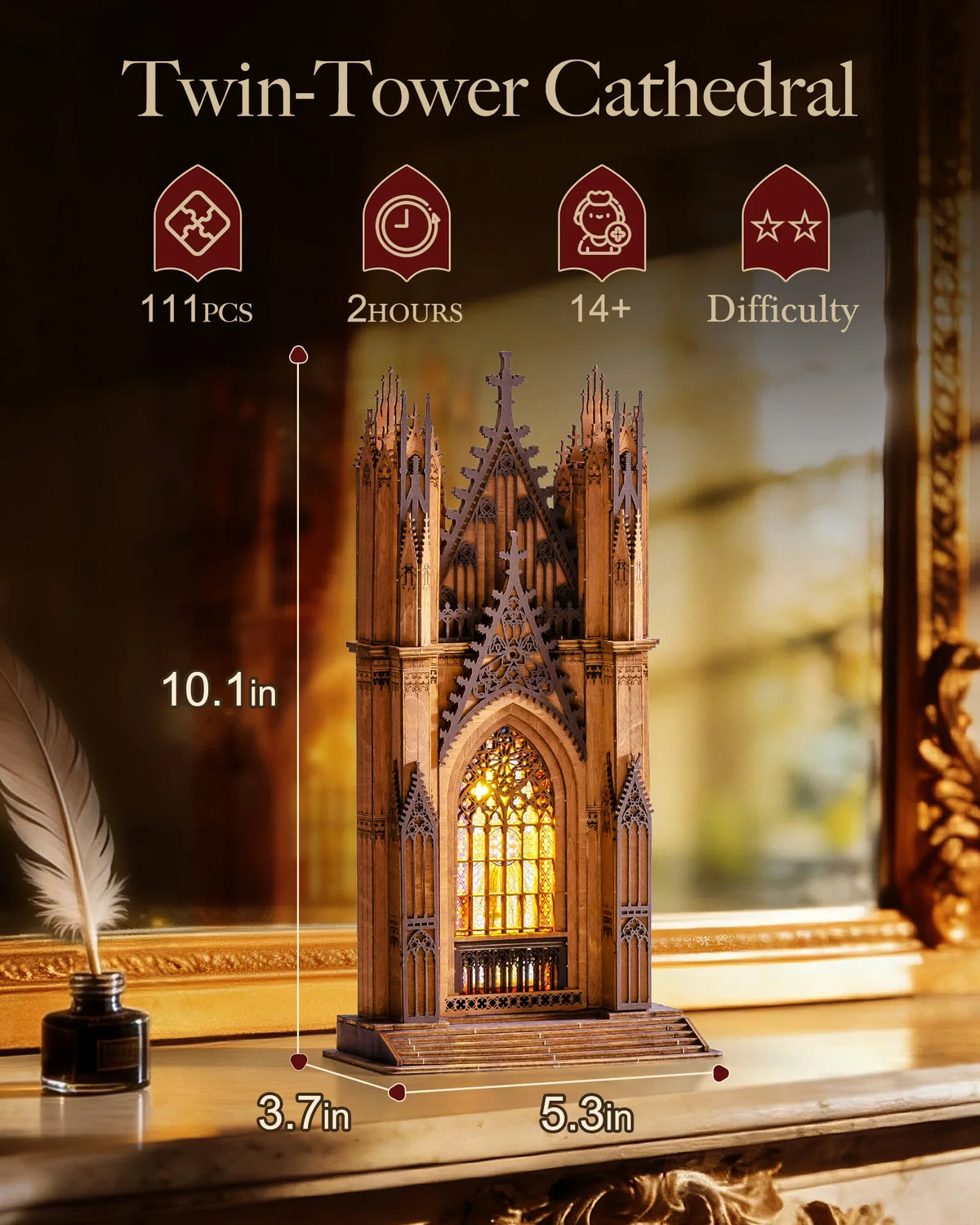 Rolife TG Series Gothic Cathedral 3D Wooden Puzzle Kit — open display view