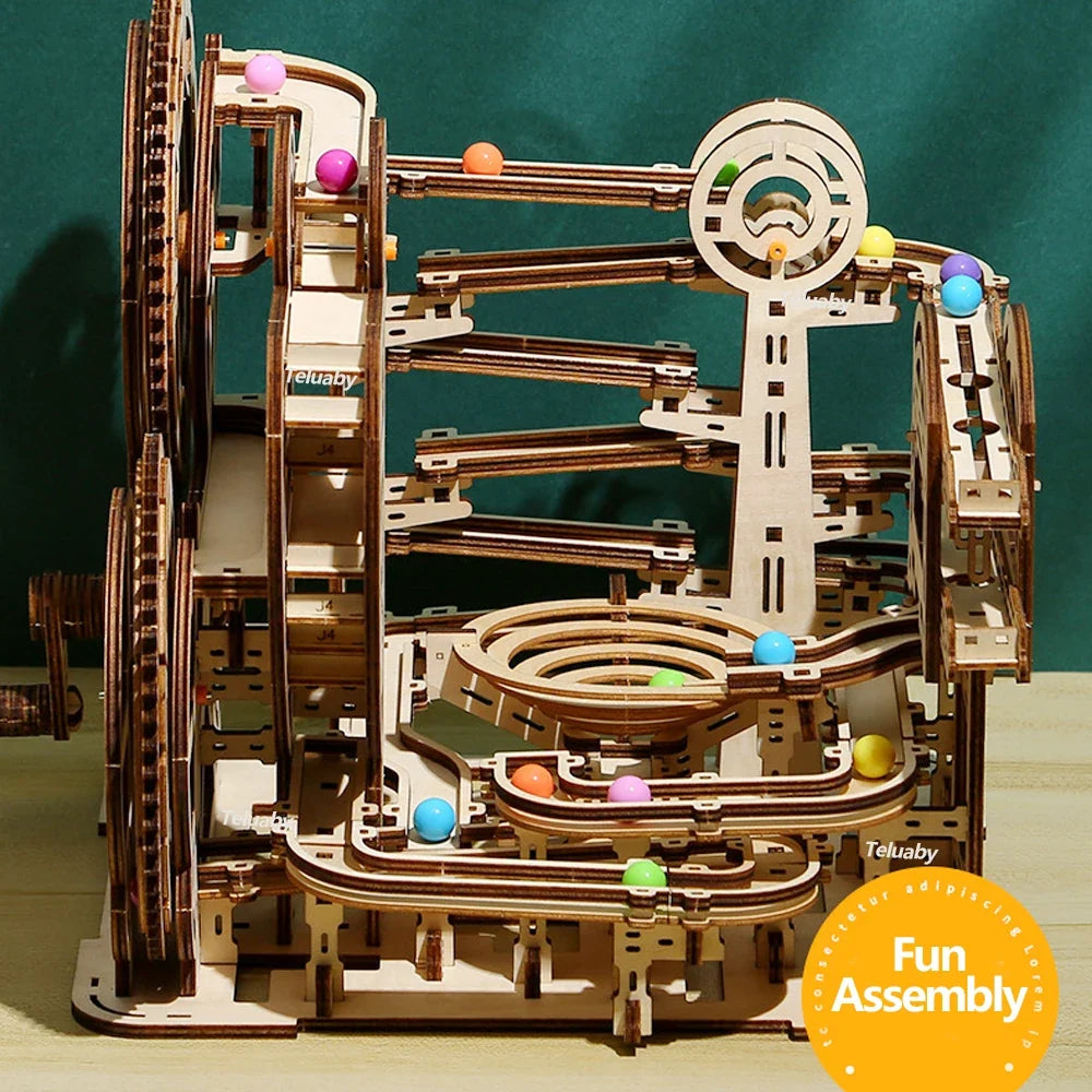 Marble Run Tower 3D Wooden Puzzle with Lift — open display view