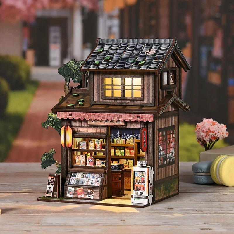 Kasuga Grocery Store DIY Miniature House Kit with LED Lights — angled close-up