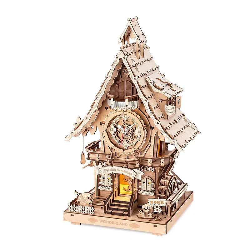 Robotime Rokr Black Forest Cuckoo Clock Kit – Working Bird & LED — box and pieces