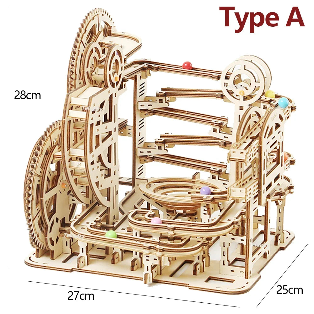 Marble Run Tower 3D Wooden Puzzle with Lift — box and pieces
