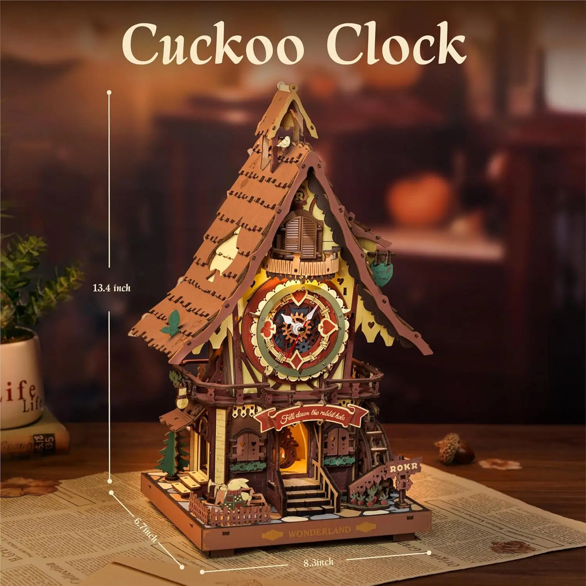 Robotime Rokr Black Forest Cuckoo Clock Kit – Working Bird & LED — front angle