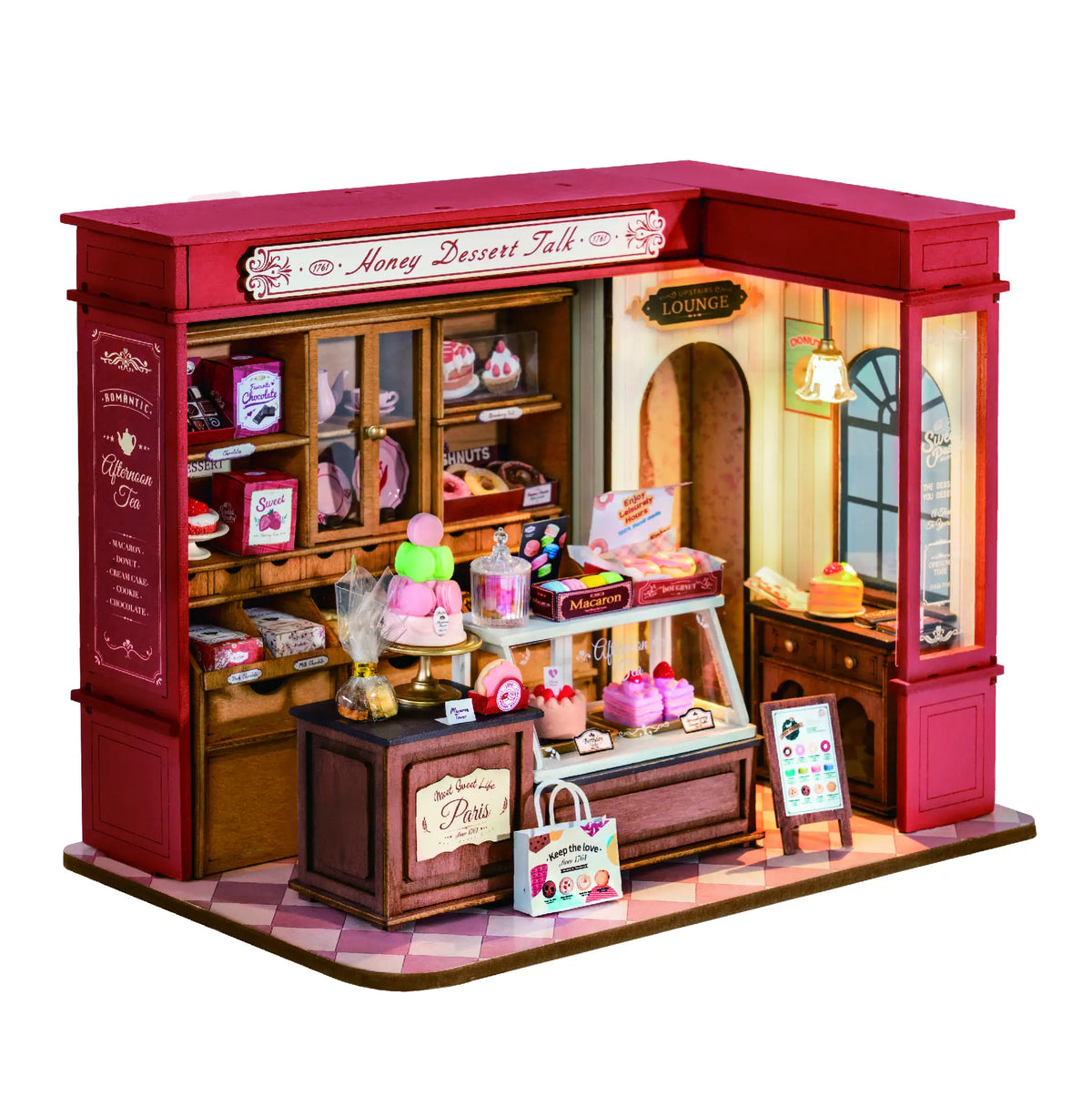 Rolife Honey Dessert Talk DIY Miniature House Kit — box and pieces