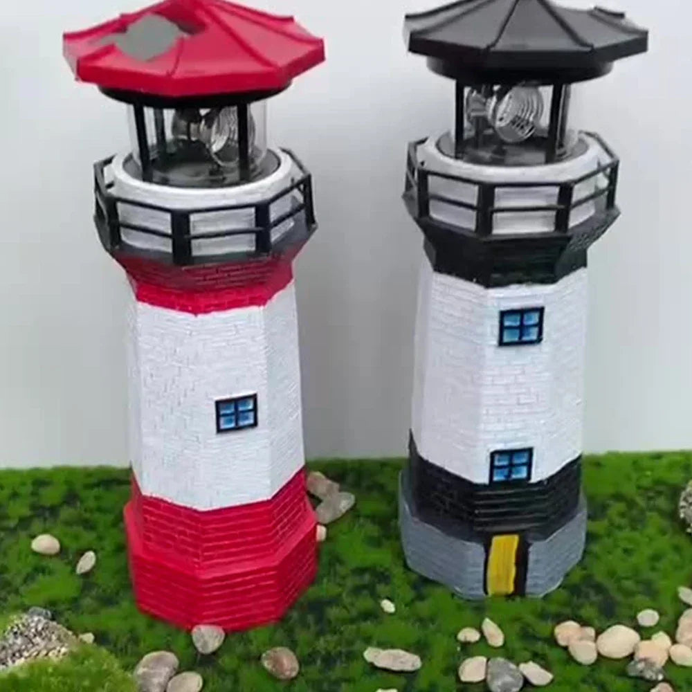 Solar Rotating Lighthouse Resin Garden Sculpture — open display view