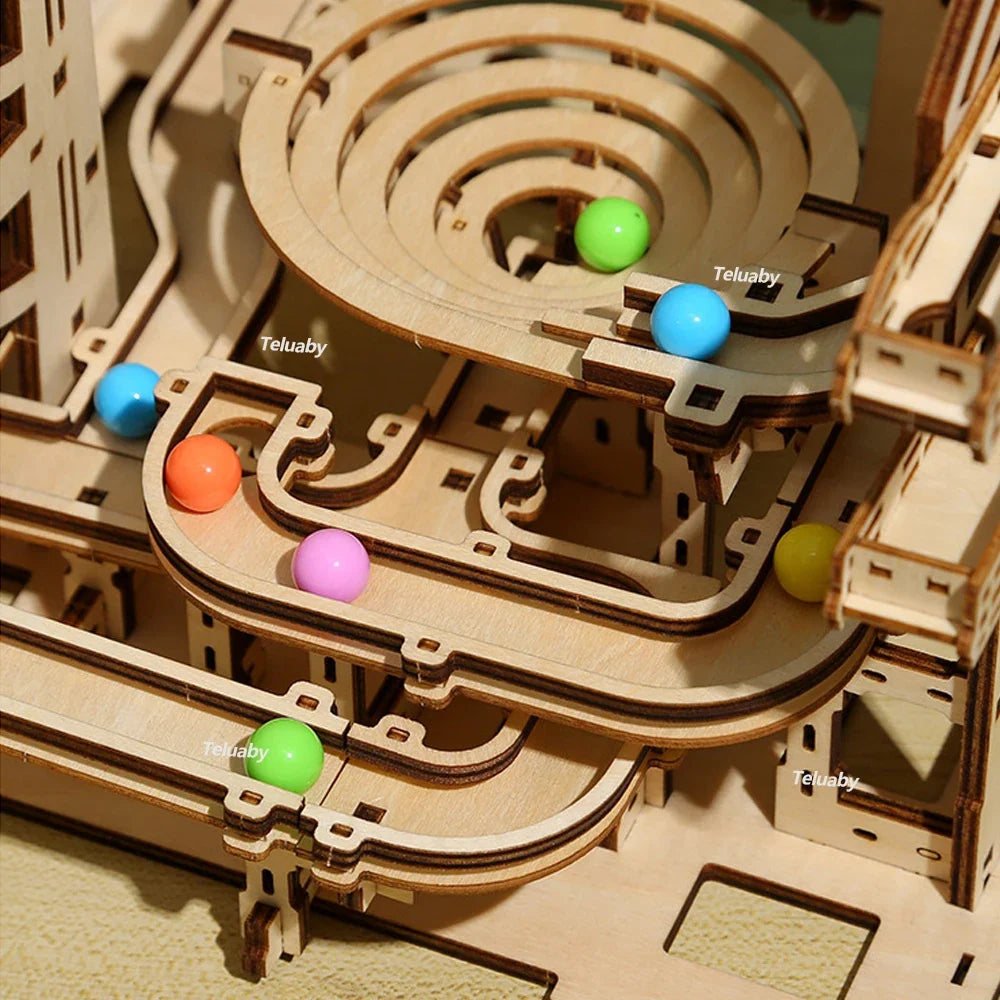 Marble Run Tower 3D Wooden Puzzle with Lift — angled close-up