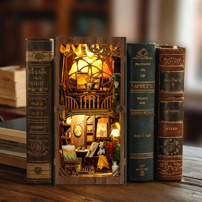 World Within Frame Figurines Miniatures DIY Book Nook Kit — open display view