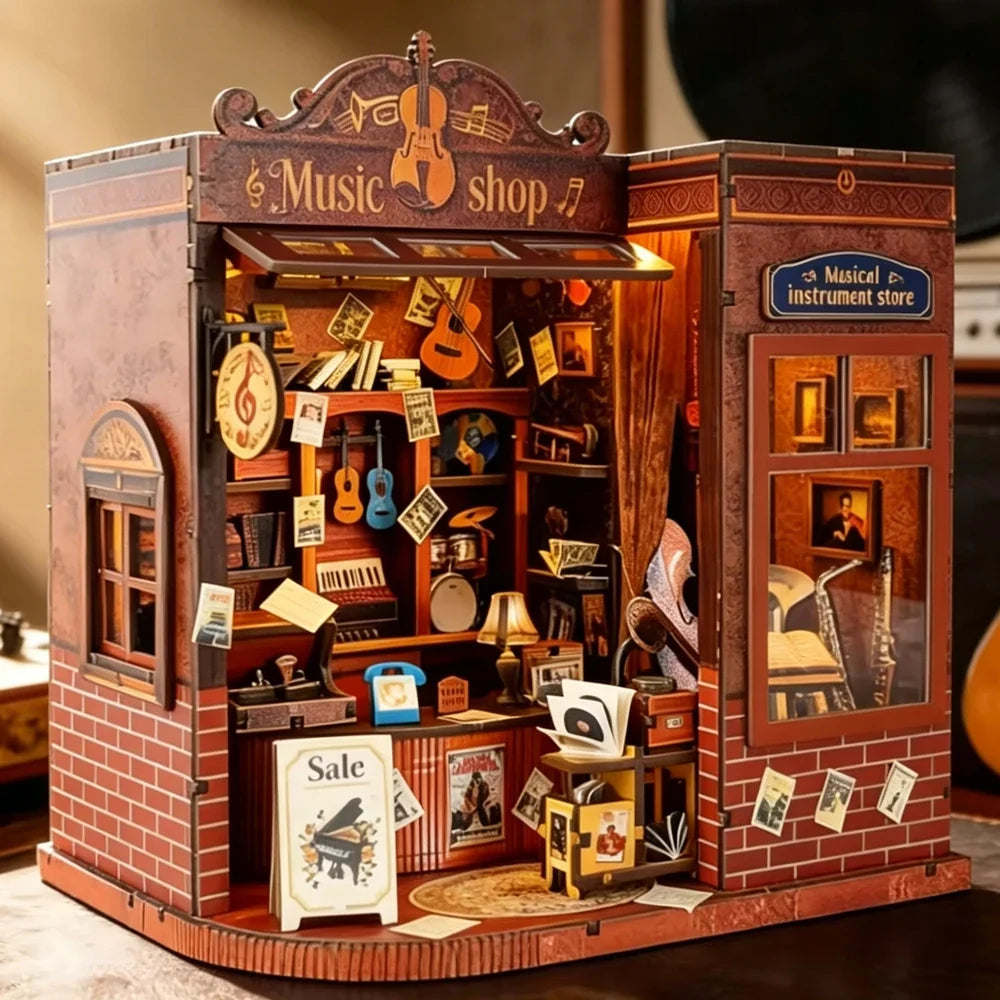 Vintage Musical Instrument Store DIY Book Nook Kit — open display view