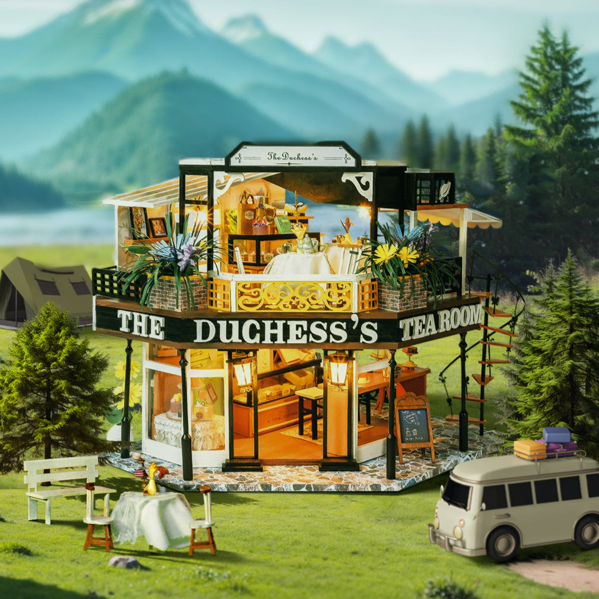 The Duchesss Tea Room DIY Dollhouse Kit — open display view