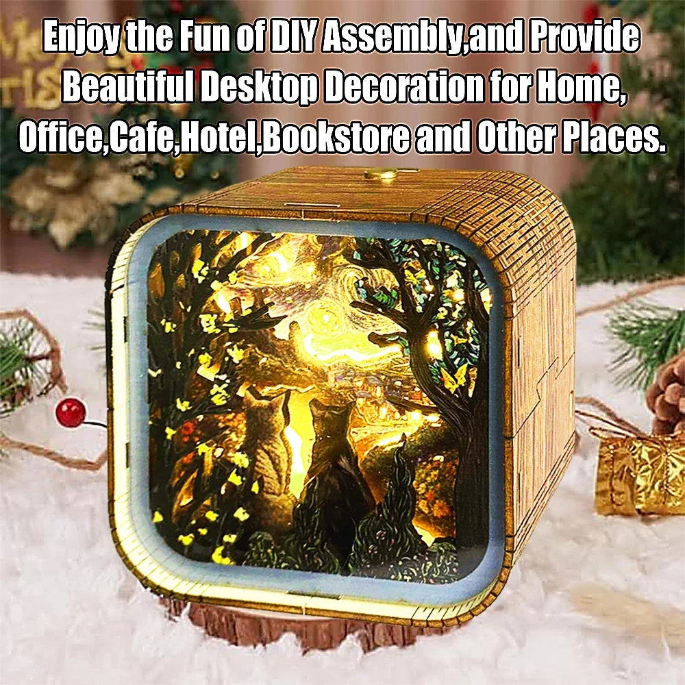 Van Gogh Starry Night Wooden 3D Puzzle Lamp — open display view