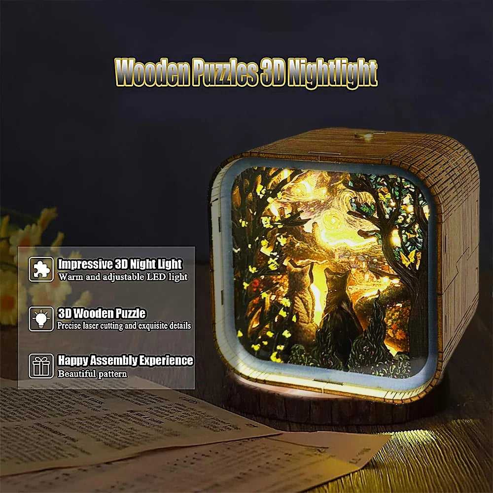 Van Gogh Starry Night Wooden 3D Puzzle Lamp — angled close-up