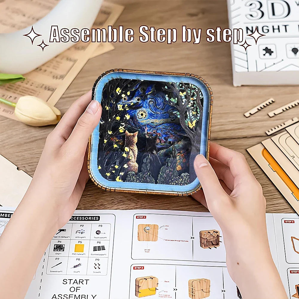 Van Gogh Starry Night Wooden 3D Puzzle Lamp — box and pieces