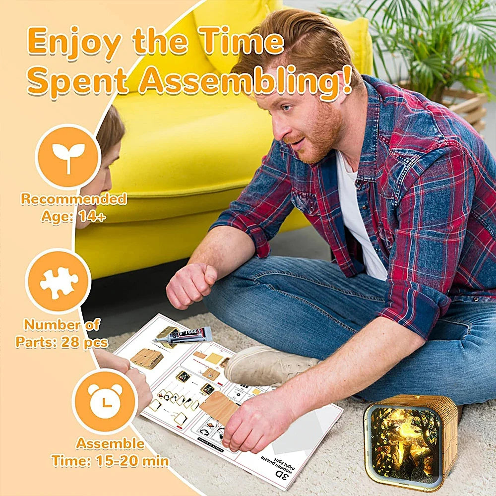 Van Gogh Starry Night Wooden 3D Puzzle Lamp — open display view